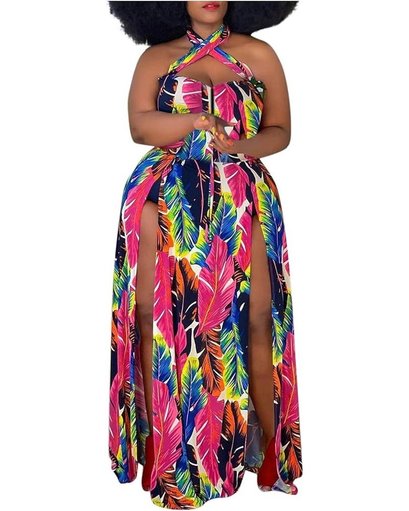 Party Maxi Dress for Women,Sexy Plus Size Halter Neck Floral Print Split Dresses 1-pink $12.65 Dresses