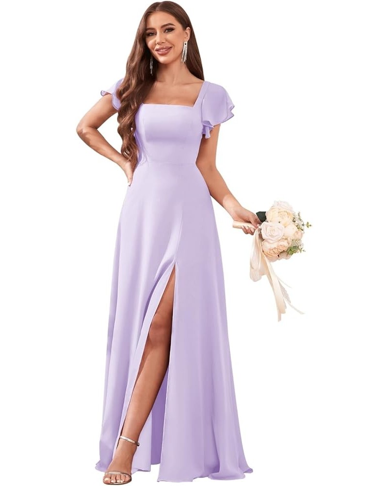 Women's Short Sleeve Bridesmaid Dresses for Wedding Empire Waist A Line Chiffon Long Formal Dresses with Slit Lilac $25.30 Dr...