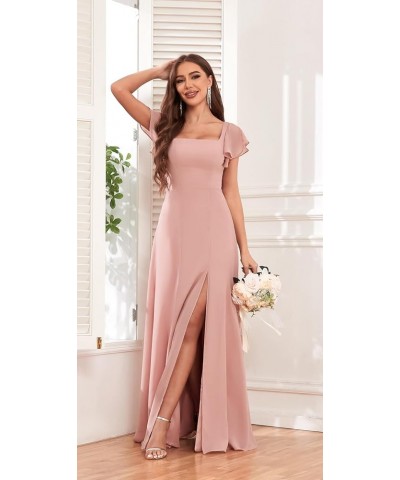 Women's Short Sleeve Bridesmaid Dresses for Wedding Empire Waist A Line Chiffon Long Formal Dresses with Slit Lilac $25.30 Dr...
