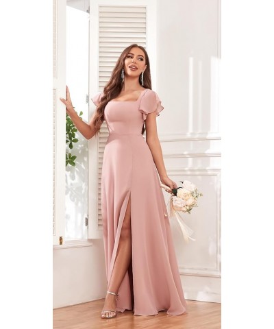 Women's Short Sleeve Bridesmaid Dresses for Wedding Empire Waist A Line Chiffon Long Formal Dresses with Slit Lilac $25.30 Dr...