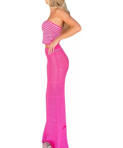 2 Piece Long Skirt Sets Women Off Shoulder Strapless Crop Tube Top Slim Midi Skirts Y2k Two Piece Outfit Clubwear Knit Pink $...