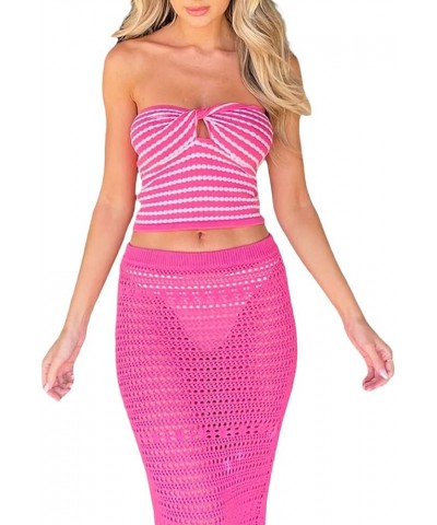 2 Piece Long Skirt Sets Women Off Shoulder Strapless Crop Tube Top Slim Midi Skirts Y2k Two Piece Outfit Clubwear Knit Pink $...