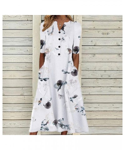 Summer Dresses for Women 2024 Vacation Button V Neck 3/4 Sleeves Floral Print Smocked Ruffle Flowy Casual Dress White 2 $12.7...