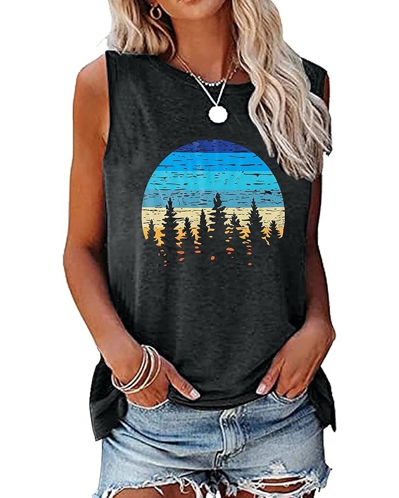 Sunset Tank Tops Women Pine Tree Retro Sun Tank Top Camping Shirts Vintage Graphic Tops Summer Sleeveless Tees Gray $10.00 Tanks