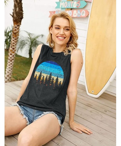 Sunset Tank Tops Women Pine Tree Retro Sun Tank Top Camping Shirts Vintage Graphic Tops Summer Sleeveless Tees Gray $10.00 Tanks