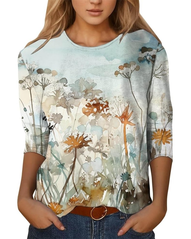 3/4 Sleeve Blouses for Women 2023 Casual Floral Printed Round Neck Blouses Loose Fit Tee Office Work Flowy Dress Tops Blue2 $...