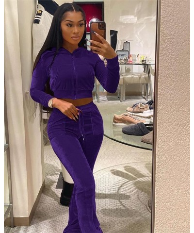 Womens Velvet 2 Piece Outftis Long Sleeve Zipper Hoodied Crop Top Long Pants Tracksuit Jogger Set Sweatsuits Purple $8.34 Act...