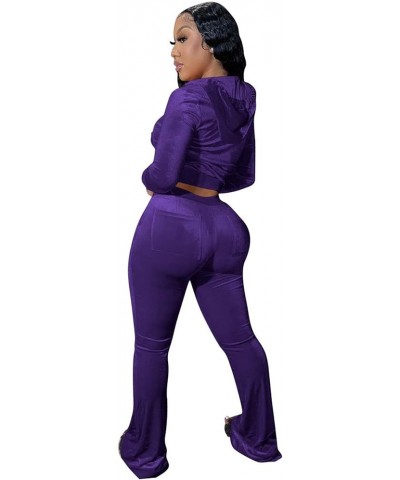 Womens Velvet 2 Piece Outftis Long Sleeve Zipper Hoodied Crop Top Long Pants Tracksuit Jogger Set Sweatsuits Purple $8.34 Act...