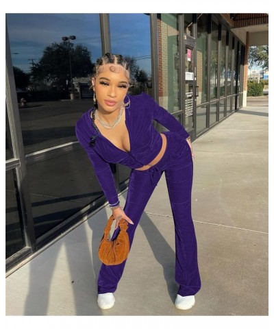 Womens Velvet 2 Piece Outftis Long Sleeve Zipper Hoodied Crop Top Long Pants Tracksuit Jogger Set Sweatsuits Purple $8.34 Act...