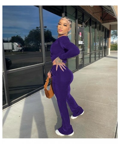 Womens Velvet 2 Piece Outftis Long Sleeve Zipper Hoodied Crop Top Long Pants Tracksuit Jogger Set Sweatsuits Purple $8.34 Act...