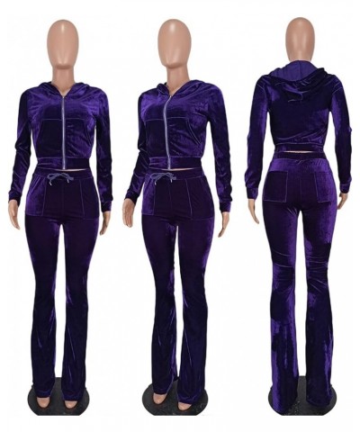 Womens Velvet 2 Piece Outftis Long Sleeve Zipper Hoodied Crop Top Long Pants Tracksuit Jogger Set Sweatsuits Purple $8.34 Act...