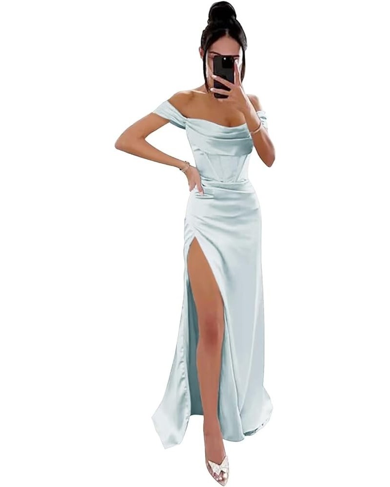 Prom Dresses Long Off Shoulder Cowl Neck High Slit Formal Party Gowns Sky Blue $29.50 Dresses