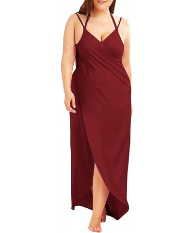 Plus Size Spaghetti Strap Cover Up Beach Backless Wrap Long Dress Wine Red $16.32 Swimsuits