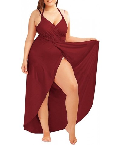 Plus Size Spaghetti Strap Cover Up Beach Backless Wrap Long Dress Wine Red $16.32 Swimsuits