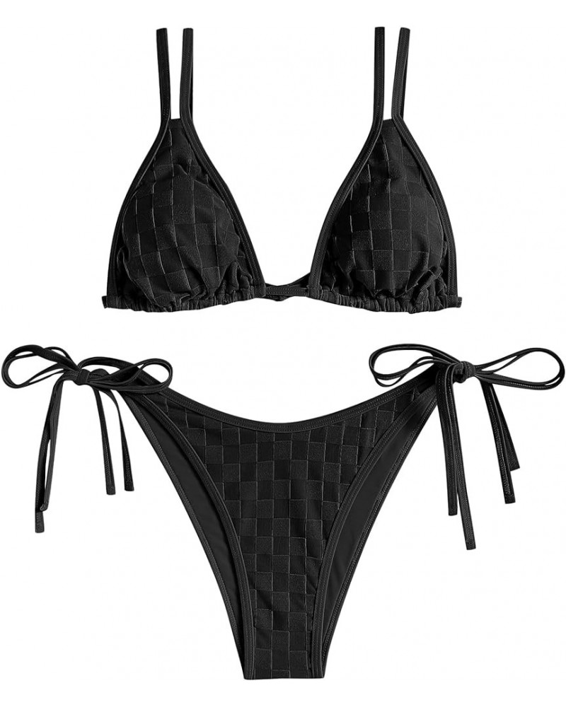 Bathing Suit Bikini Set - Checkered Swimwear Tie Side High Cut Thong Triangle Two Piece Swim Suit for Women 2024 Black $16.17...