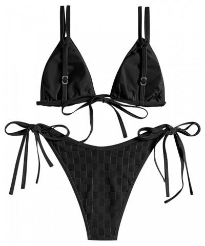 Bathing Suit Bikini Set - Checkered Swimwear Tie Side High Cut Thong Triangle Two Piece Swim Suit for Women 2024 Black $16.17...