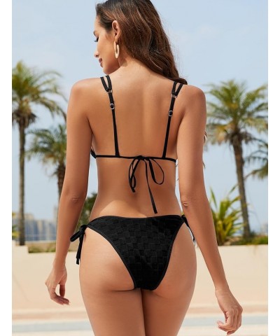 Bathing Suit Bikini Set - Checkered Swimwear Tie Side High Cut Thong Triangle Two Piece Swim Suit for Women 2024 Black $16.17...