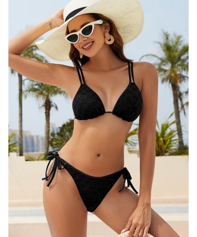 Bathing Suit Bikini Set - Checkered Swimwear Tie Side High Cut Thong Triangle Two Piece Swim Suit for Women 2024 Black $16.17...
