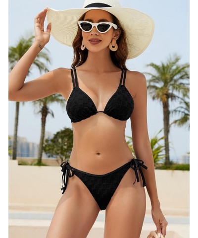 Bathing Suit Bikini Set - Checkered Swimwear Tie Side High Cut Thong Triangle Two Piece Swim Suit for Women 2024 Black $16.17...