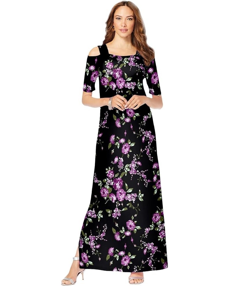 Women's Plus Size Ultrasmooth Fabric Cold-Shoulder Maxi Dress Long Stretch Jersey Purple Rose Floral $19.72 Dresses