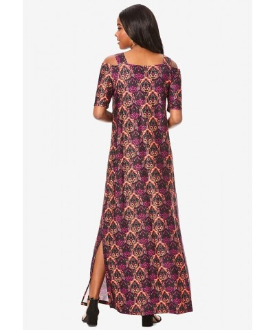 Women's Plus Size Ultrasmooth Fabric Cold-Shoulder Maxi Dress Long Stretch Jersey Purple Rose Floral $19.72 Dresses
