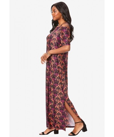 Women's Plus Size Ultrasmooth Fabric Cold-Shoulder Maxi Dress Long Stretch Jersey Purple Rose Floral $19.72 Dresses