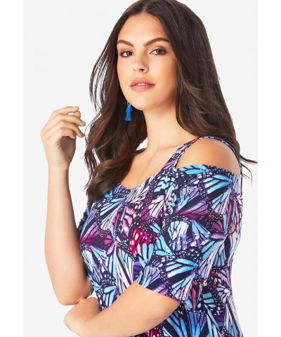 Women's Plus Size Ultrasmooth Fabric Cold-Shoulder Maxi Dress Long Stretch Jersey Purple Rose Floral $19.72 Dresses