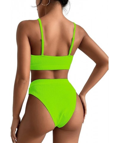 High Waisted Tummy Control Ribbed Bikini Crop Top Brazilian Swimsuit Set 2 Piece Solid Color Lime Green $11.25 Swimsuits