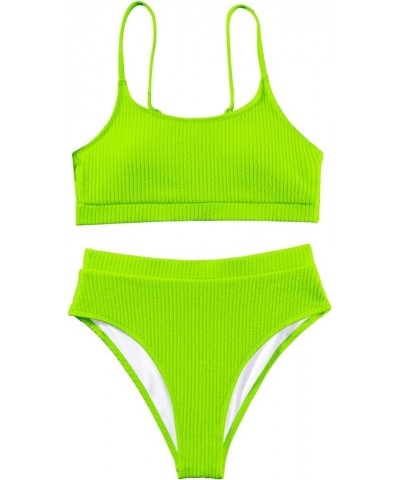 High Waisted Tummy Control Ribbed Bikini Crop Top Brazilian Swimsuit Set 2 Piece Solid Color Lime Green $11.25 Swimsuits