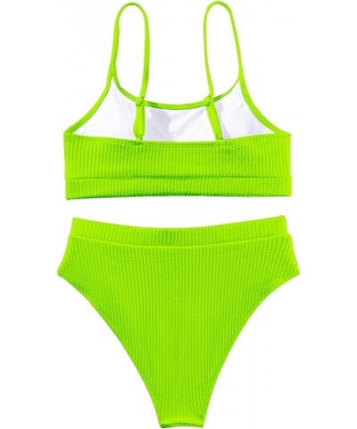 High Waisted Tummy Control Ribbed Bikini Crop Top Brazilian Swimsuit Set 2 Piece Solid Color Lime Green $11.25 Swimsuits