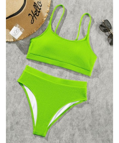 High Waisted Tummy Control Ribbed Bikini Crop Top Brazilian Swimsuit Set 2 Piece Solid Color Lime Green $11.25 Swimsuits