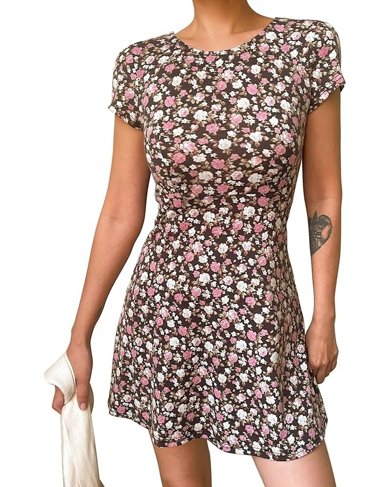 Women's Summer Crew Neck A Line Short Sleeve Floral Slim Mini Beach Cocktail Party Dress Black / Pink Floral $16.17 Dresses