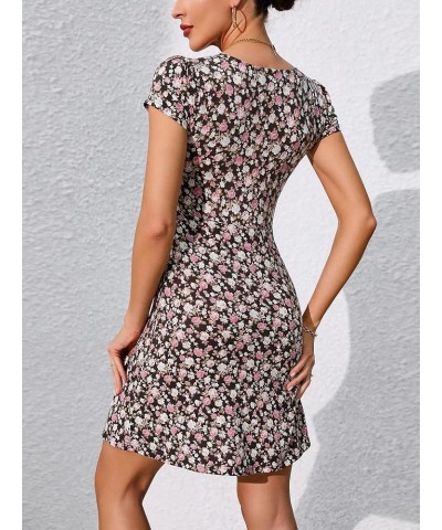 Women's Summer Crew Neck A Line Short Sleeve Floral Slim Mini Beach Cocktail Party Dress Black / Pink Floral $16.17 Dresses