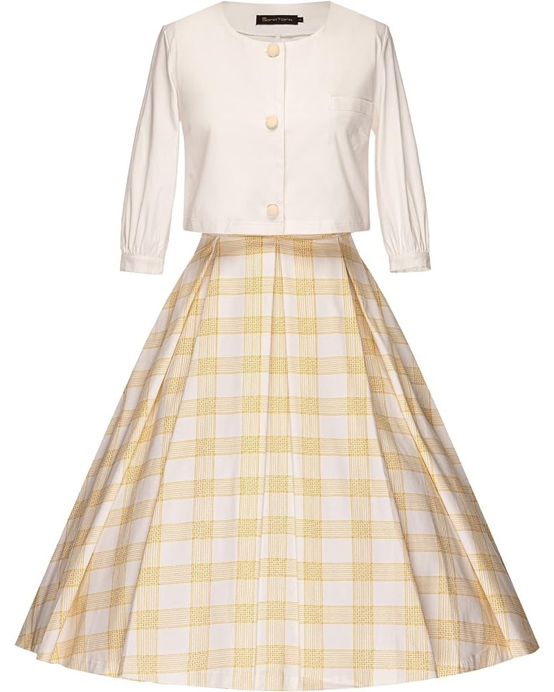50S Retro Hostess Dress Cocktail Swing Tea Dress & Jacket Yelow Plaid $25.99 Dresses