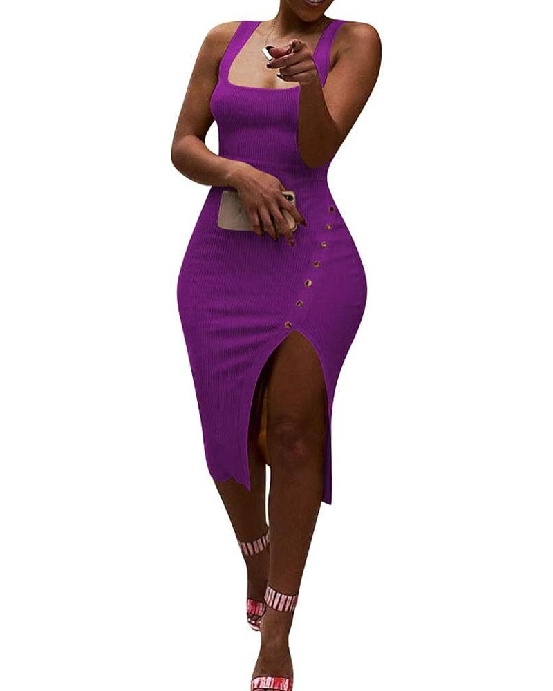Womens Sexy Soild Sleeveless Strap Tank Ribbed Buttons Side Split Bodycon Irregular Long Pencil Midi Dress Purple $19.24 Dresses
