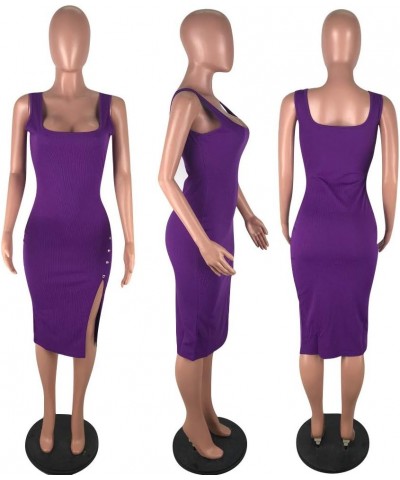 Womens Sexy Soild Sleeveless Strap Tank Ribbed Buttons Side Split Bodycon Irregular Long Pencil Midi Dress Purple $19.24 Dresses