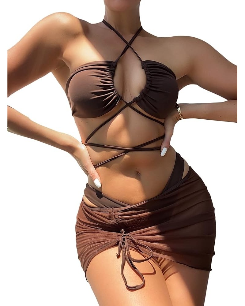 Women's 3 Piece Swimsuit Criss Cross Halter Bikini Set Bathing Suit and Drawstring Beach Skirt Chocolate Brown $12.30 Swimsuits