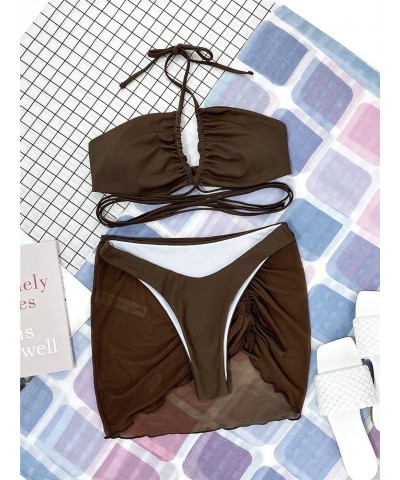 Women's 3 Piece Swimsuit Criss Cross Halter Bikini Set Bathing Suit and Drawstring Beach Skirt Chocolate Brown $12.30 Swimsuits