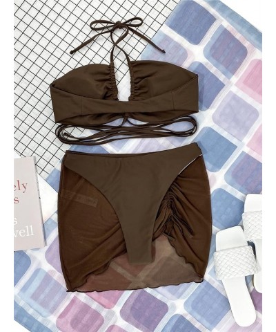 Women's 3 Piece Swimsuit Criss Cross Halter Bikini Set Bathing Suit and Drawstring Beach Skirt Chocolate Brown $12.30 Swimsuits