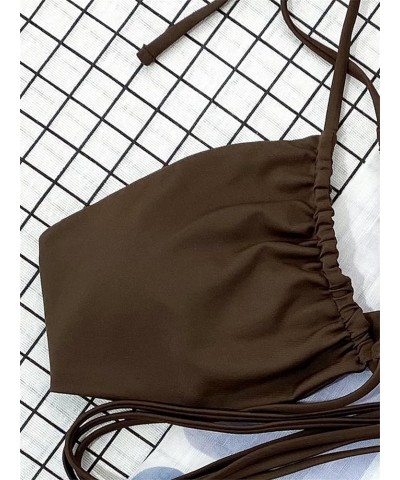 Women's 3 Piece Swimsuit Criss Cross Halter Bikini Set Bathing Suit and Drawstring Beach Skirt Chocolate Brown $12.30 Swimsuits