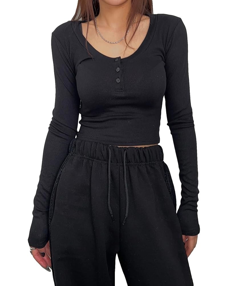 Women's Button Up Rib Knit Long Sleeve Tops Solid Casual Slim Fit Work Office Cropped Tee Shirts Black $11.19 T-Shirts