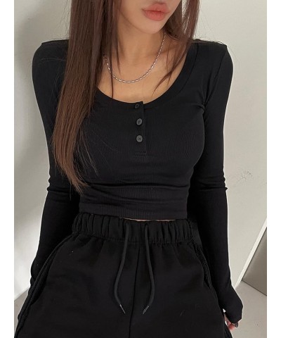 Women's Button Up Rib Knit Long Sleeve Tops Solid Casual Slim Fit Work Office Cropped Tee Shirts Black $11.19 T-Shirts
