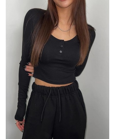 Women's Button Up Rib Knit Long Sleeve Tops Solid Casual Slim Fit Work Office Cropped Tee Shirts Black $11.19 T-Shirts