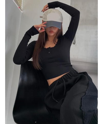 Women's Button Up Rib Knit Long Sleeve Tops Solid Casual Slim Fit Work Office Cropped Tee Shirts Black $11.19 T-Shirts