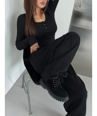 Women's Button Up Rib Knit Long Sleeve Tops Solid Casual Slim Fit Work Office Cropped Tee Shirts Black $11.19 T-Shirts