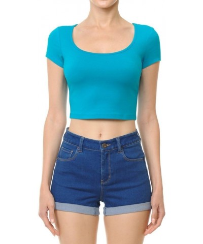 Women's Cotton Basic Scoop Neck Crop Top Short Sleeve Tops 011-jade $9.34 T-Shirts