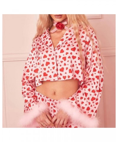 Silk Pajamas for Women Valentine Fleece Fuzzy Long Sleeve Loungewear Nightwear Satin Sleepwear Button Down Pj Set A-pink $11....