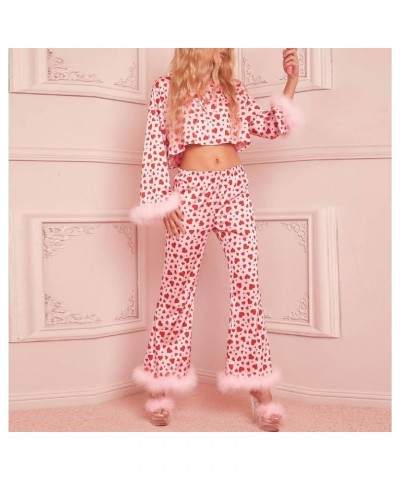 Silk Pajamas for Women Valentine Fleece Fuzzy Long Sleeve Loungewear Nightwear Satin Sleepwear Button Down Pj Set A-pink $11....