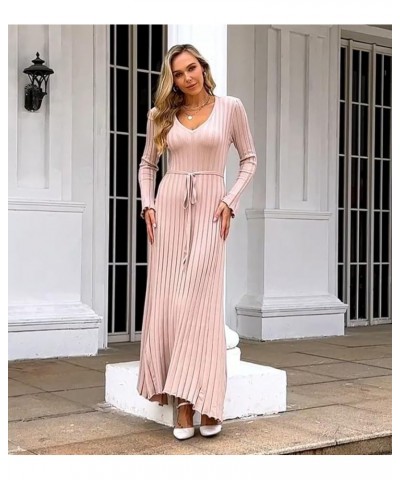 Women's Long Knit Crewneck Sweater Dress Tie Waist A-Line Swing Pleated Bodycon C-apricot $19.44 Dresses