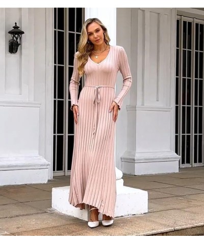 Women's Long Knit Crewneck Sweater Dress Tie Waist A-Line Swing Pleated Bodycon C-apricot $19.44 Dresses